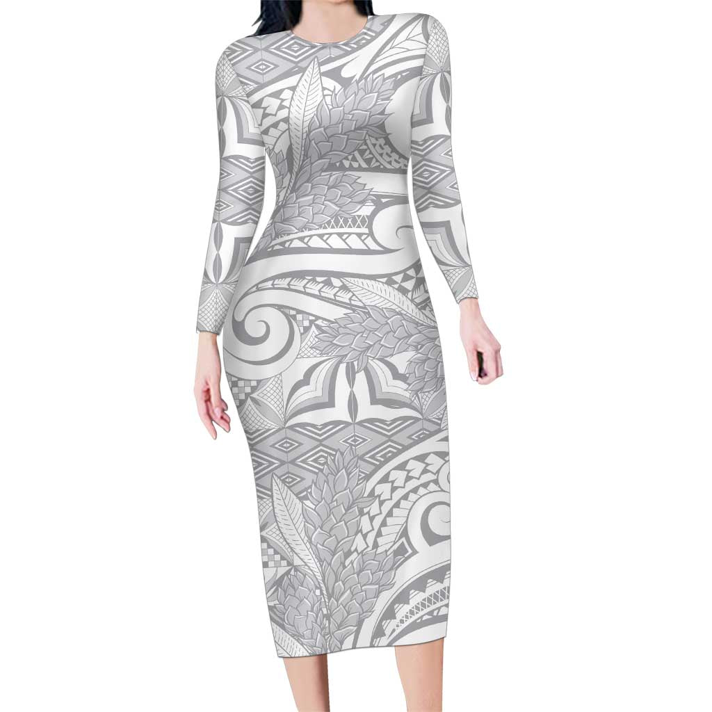 Lotu Tamaiti Samoa Siapo Family Matching Long Sleeve Bodycon Dress and Hawaiian Shirt White Sunday With Teuila Torch Ginger LT9 Mom's Dress White - Polynesian Pride
