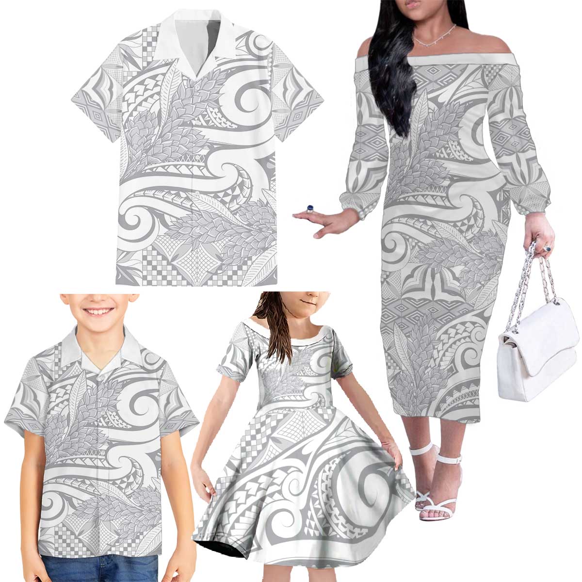 Lotu Tamaiti Samoa Siapo Family Matching Off The Shoulder Long Sleeve Dress and Hawaiian Shirt White Sunday With Teuila Torch Ginger LT9 - Polynesian Pride
