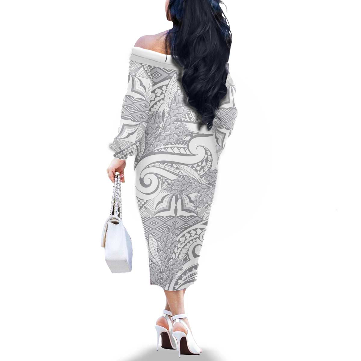 Lotu Tamaiti Samoa Siapo Family Matching Off The Shoulder Long Sleeve Dress and Hawaiian Shirt White Sunday With Teuila Torch Ginger LT9 - Polynesian Pride