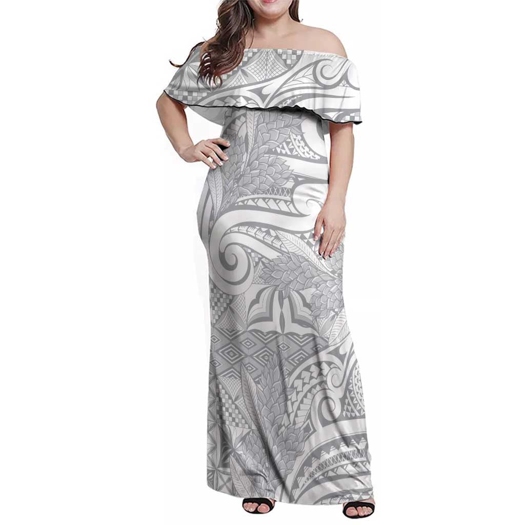 Lotu Tamaiti Samoa Siapo Family Matching Off Shoulder Maxi Dress and Hawaiian Shirt White Sunday With Teuila Torch Ginger LT9 Mom's Dress White - Polynesian Pride
