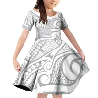 Lotu Tamaiti Samoa Siapo Family Matching Off Shoulder Short Dress and Hawaiian Shirt White Sunday With Teuila Torch Ginger LT9 Daughter's Dress White - Polynesian Pride