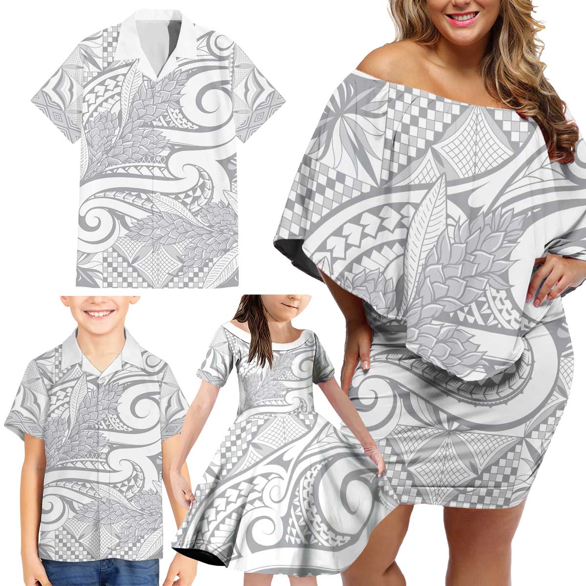 Lotu Tamaiti Samoa Siapo Family Matching Off Shoulder Short Dress and Hawaiian Shirt White Sunday With Teuila Torch Ginger LT9 - Polynesian Pride