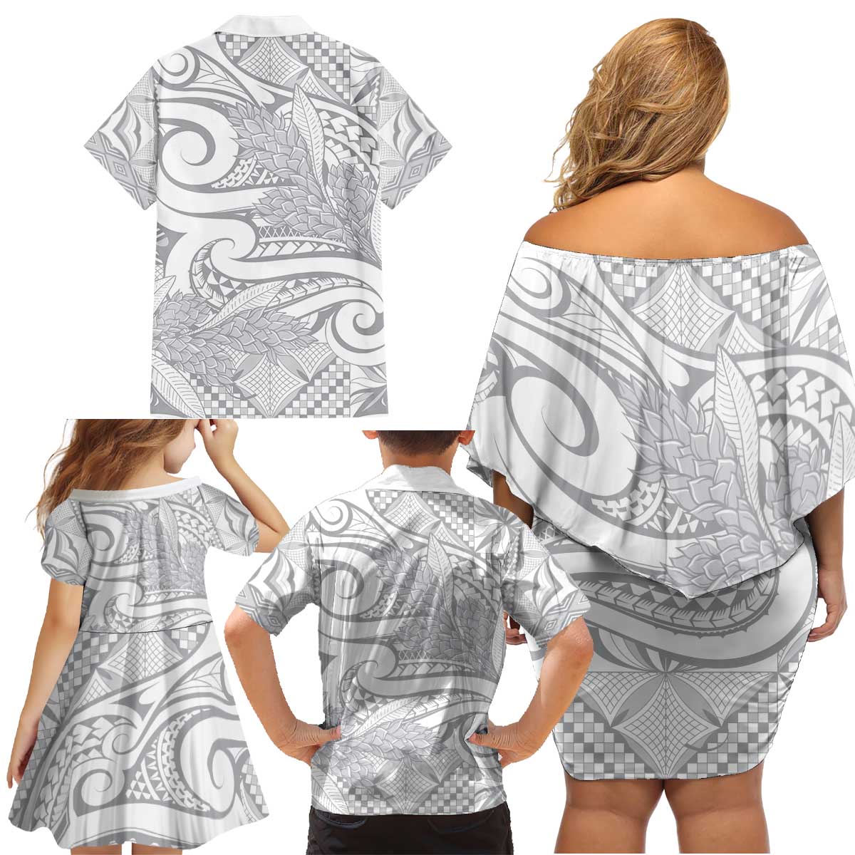 Lotu Tamaiti Samoa Siapo Family Matching Off Shoulder Short Dress and Hawaiian Shirt White Sunday With Teuila Torch Ginger LT9 - Polynesian Pride