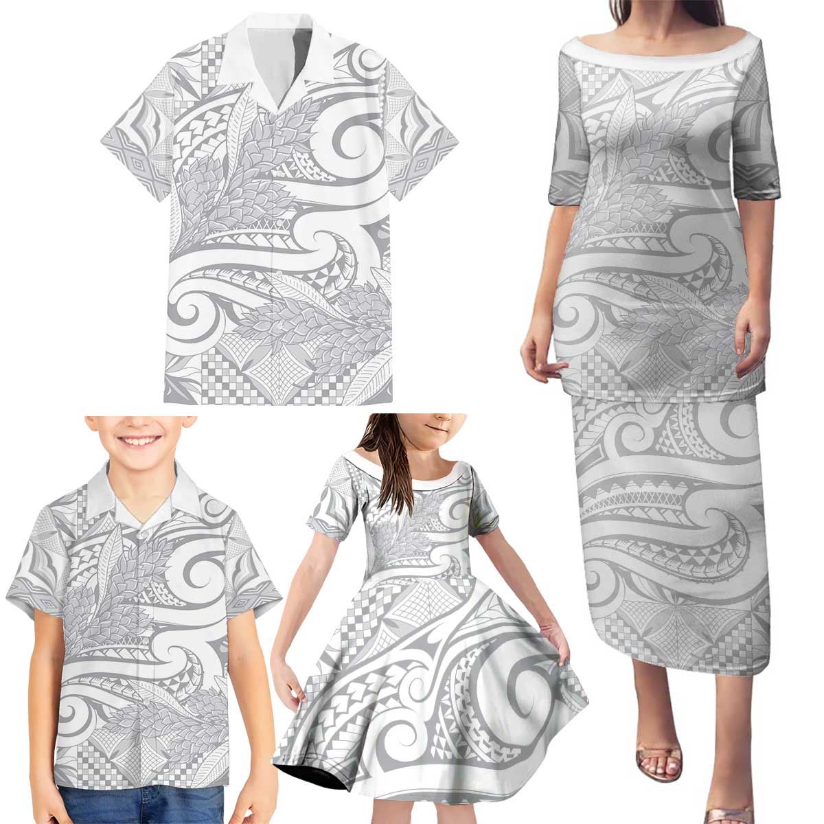 Lotu Tamaiti Samoa Siapo Family Matching Puletasi and Hawaiian Shirt White Sunday With Teuila Torch Ginger LT9 - Polynesian Pride
