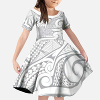 Lotu Tamaiti Samoa Siapo Family Matching Short Sleeve Bodycon Dress and Hawaiian Shirt White Sunday With Teuila Torch Ginger LT9 Daughter's Dress White - Polynesian Pride