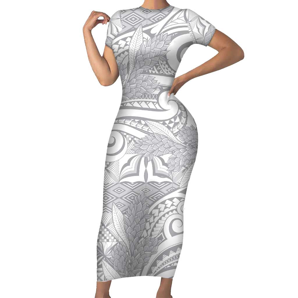 Lotu Tamaiti Samoa Siapo Family Matching Short Sleeve Bodycon Dress and Hawaiian Shirt White Sunday With Teuila Torch Ginger LT9 Mom's Dress White - Polynesian Pride