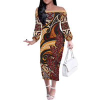 Vintage Samoa Siapo Family Matching Off The Shoulder Long Sleeve Dress and Hawaiian Shirt With Teuila Torch Ginger