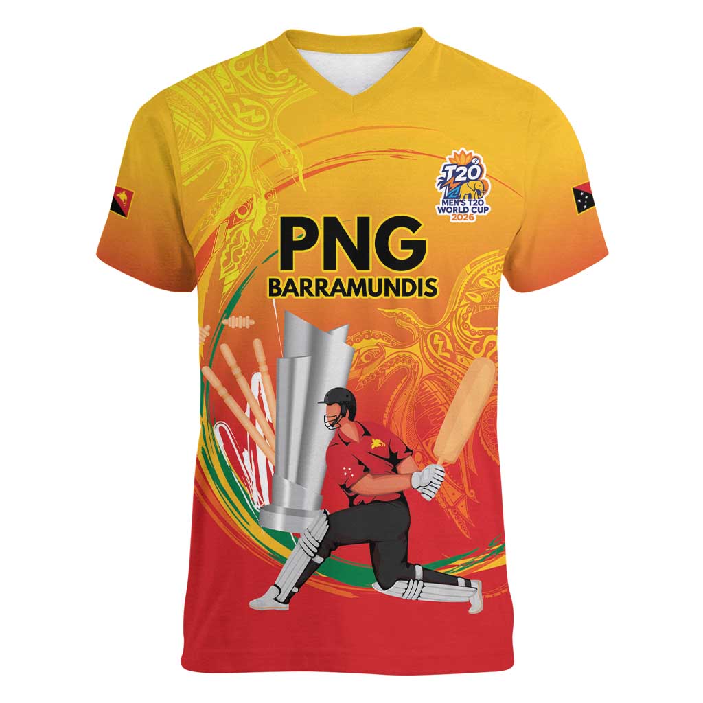 Custom Cricket PNG East Asia-Pacific Women V-Neck T-Shirt Papua New Guinea Rise to Power LT9 Female Gold - Polynesian Pride