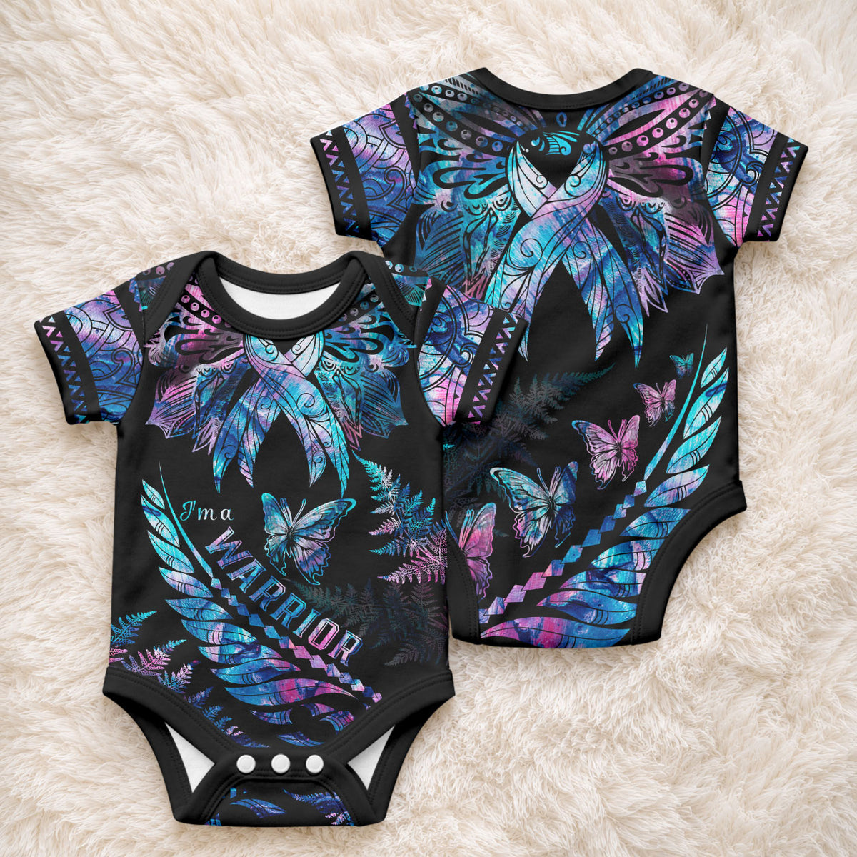 Polynesia Ribbon Butterflies Baby Onesie Silver Fern Breast Cancer With Papua Shell Pattern LT9 - Polynesian Pride