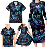Polynesia Ribbon Butterflies Family Matching Long Sleeve Bodycon Dress and Hawaiian Shirt Silver Fern Breast Cancer With Papua Shell Pattern LT9 - Polynesian Pride