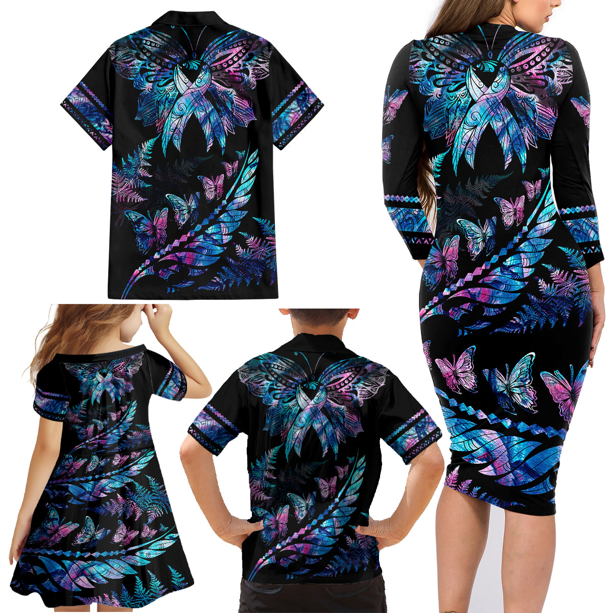 Polynesia Ribbon Butterflies Family Matching Long Sleeve Bodycon Dress and Hawaiian Shirt Silver Fern Breast Cancer With Papua Shell Pattern LT9 - Polynesian Pride