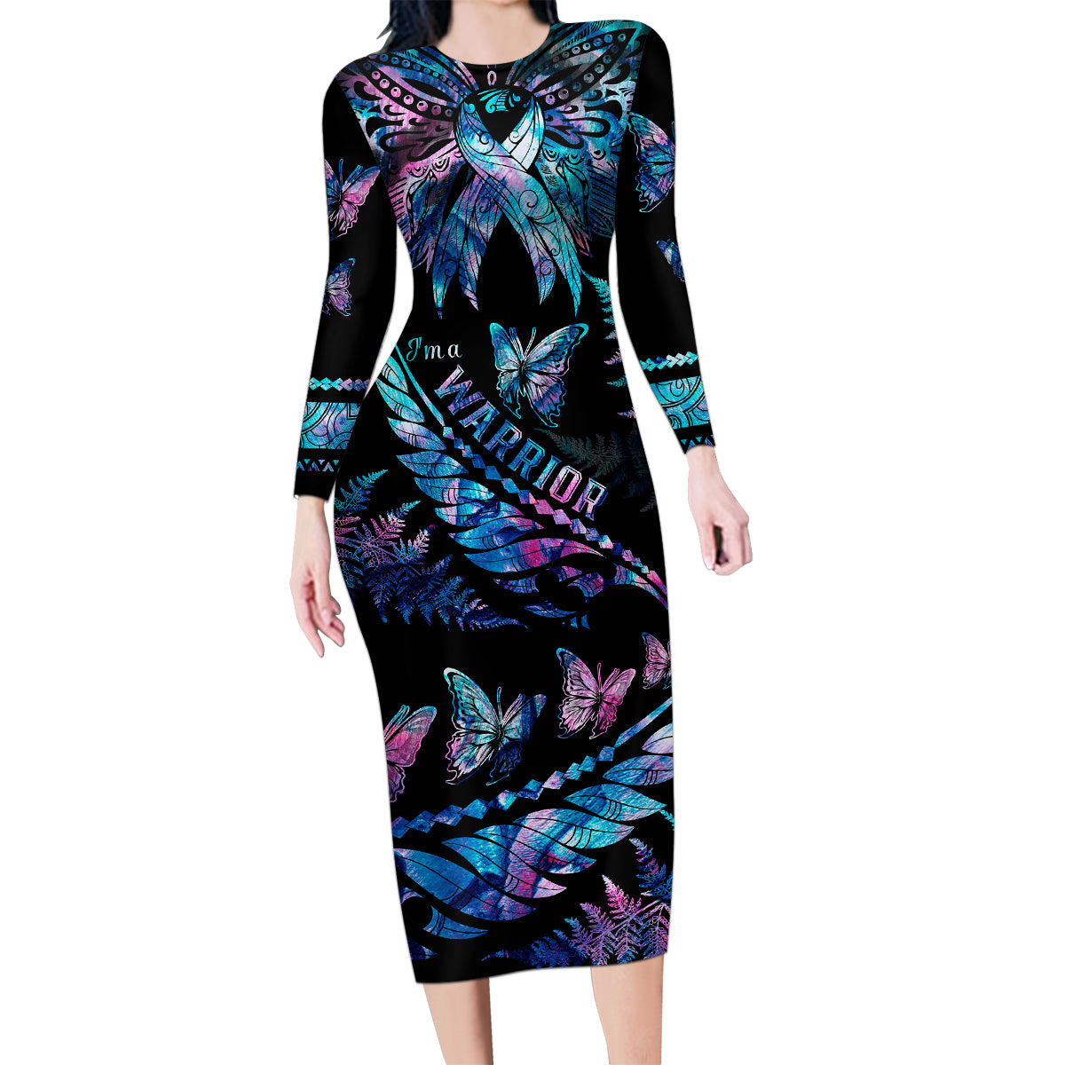 Polynesia Ribbon Butterflies Family Matching Long Sleeve Bodycon Dress and Hawaiian Shirt Silver Fern Breast Cancer With Papua Shell Pattern LT9 Mom's Dress Black - Polynesian Pride