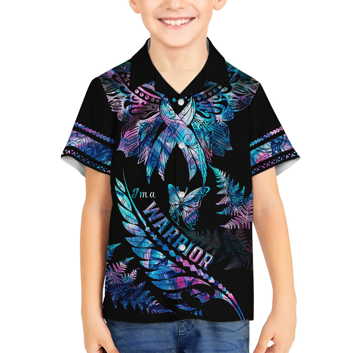 Polynesia Ribbon Butterflies Family Matching Long Sleeve Bodycon Dress and Hawaiian Shirt Silver Fern Breast Cancer With Papua Shell Pattern LT9 Son's Shirt Black - Polynesian Pride