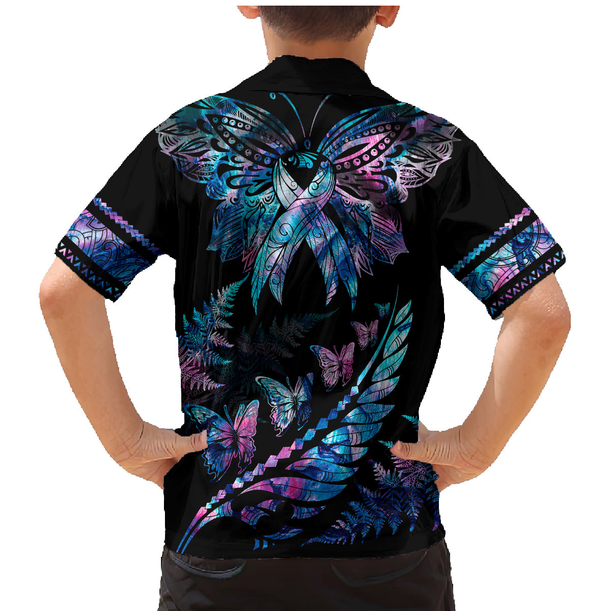 Polynesia Ribbon Butterflies Family Matching Mermaid Dress and Hawaiian Shirt Silver Fern Breast Cancer With Papua Shell Pattern LT9 - Polynesian Pride