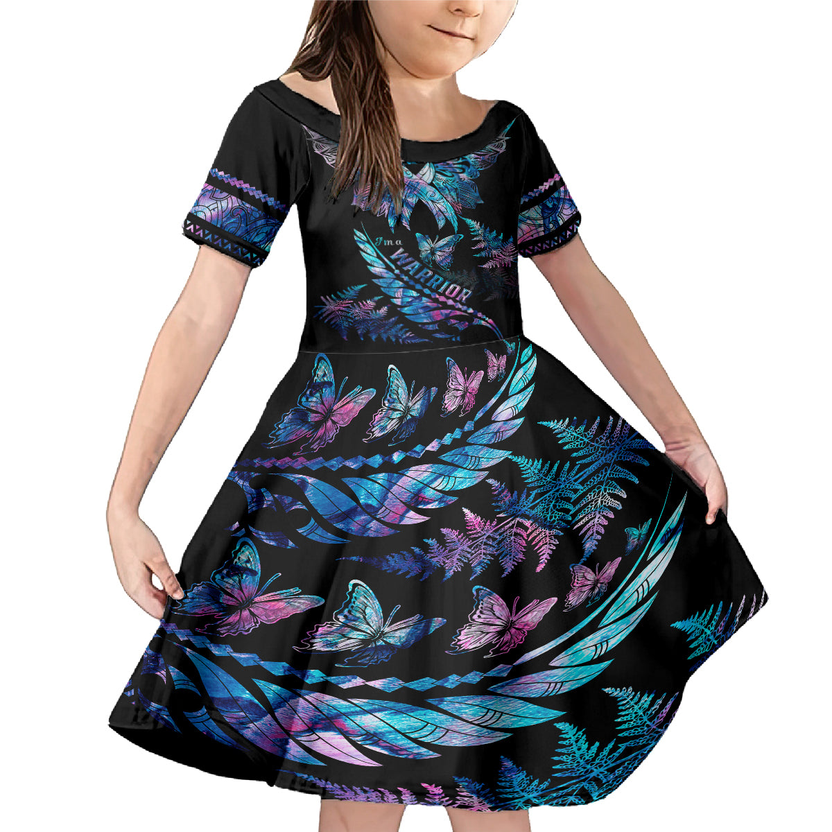 Polynesia Ribbon Butterflies Family Matching Mermaid Dress and Hawaiian Shirt Silver Fern Breast Cancer With Papua Shell Pattern LT9 Daughter's Dress Black - Polynesian Pride
