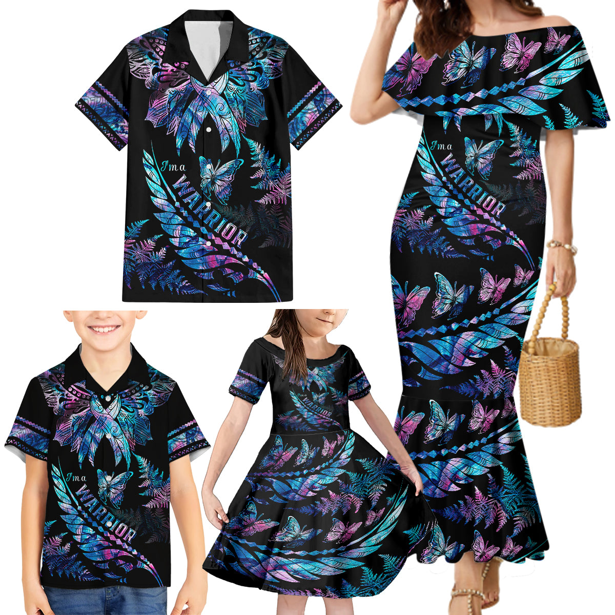 Polynesia Ribbon Butterflies Family Matching Mermaid Dress and Hawaiian Shirt Silver Fern Breast Cancer With Papua Shell Pattern LT9 - Polynesian Pride