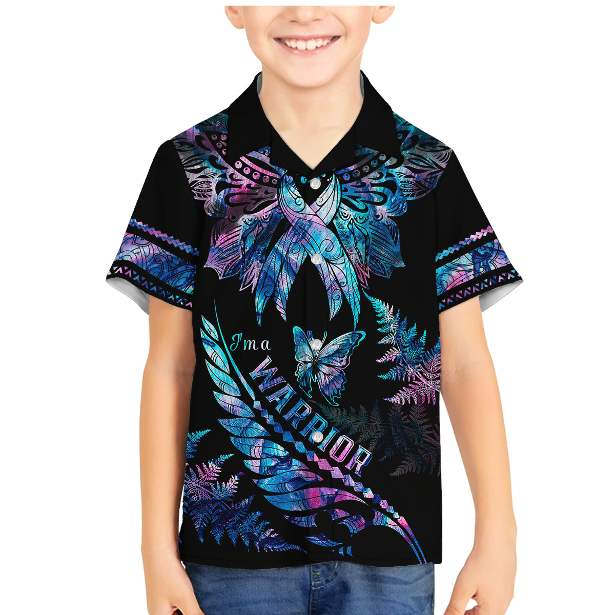 Polynesia Ribbon Butterflies Family Matching Mermaid Dress and Hawaiian Shirt Silver Fern Breast Cancer With Papua Shell Pattern LT9 Son's Shirt Black - Polynesian Pride