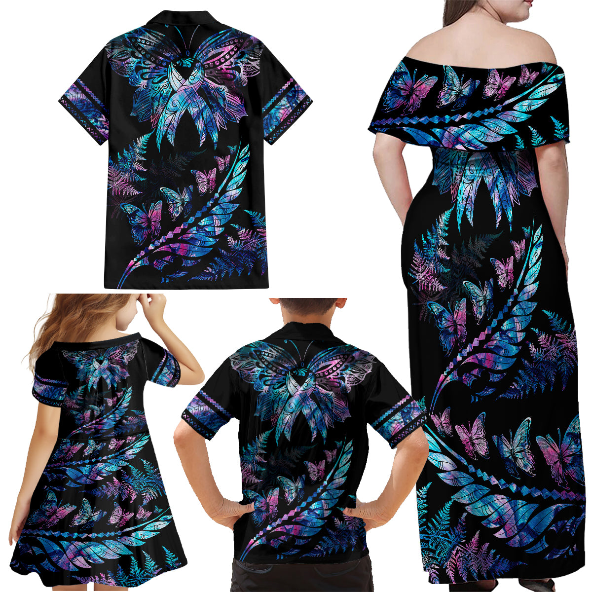 Polynesia Ribbon Butterflies Family Matching Off Shoulder Long Sleeve Dress and Hawaiian Shirt Silver Fern Breast Cancer With Papua Shell Pattern LT9 - Polynesian Pride