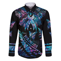 Polynesia Ribbon Butterflies Family Matching Off Shoulder Long Sleeve Dress and Hawaiian Shirt Silver Fern Breast Cancer With Papua Shell Pattern LT9 Dad's Shirt - Long Sleeve Black - Polynesian Pride