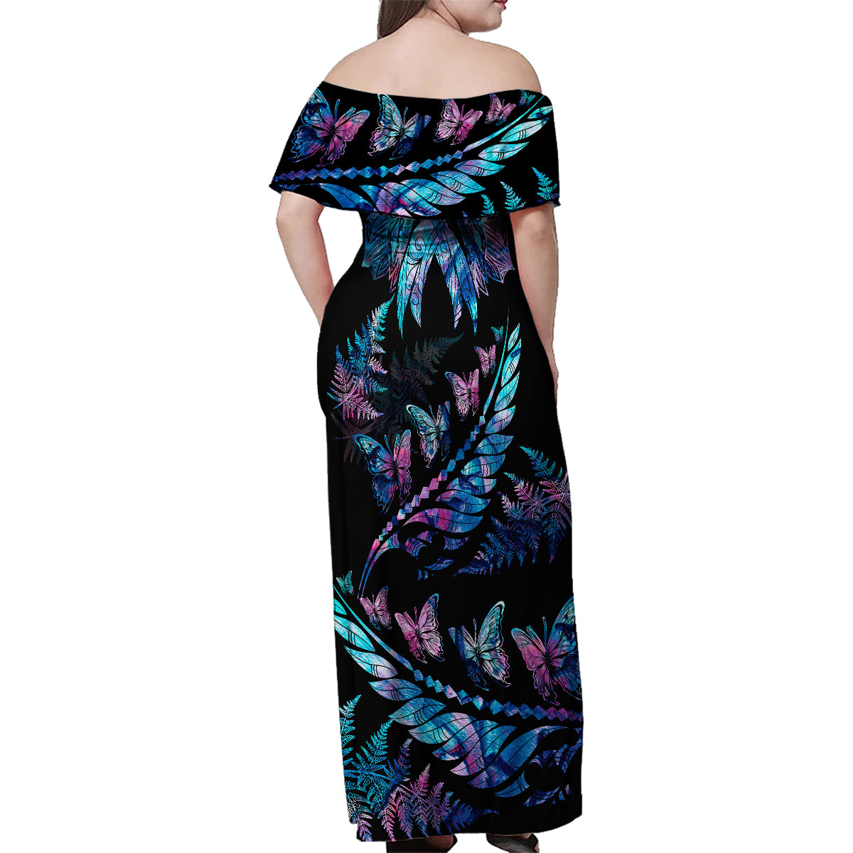 Polynesia Ribbon Butterflies Family Matching Off Shoulder Maxi Dress and Hawaiian Shirt Silver Fern Breast Cancer With Papua Shell Pattern LT9 - Polynesian Pride