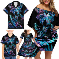 Polynesia Ribbon Butterflies Family Matching Off Shoulder Short Dress and Hawaiian Shirt Silver Fern Breast Cancer With Papua Shell Pattern LT9 - Polynesian Pride