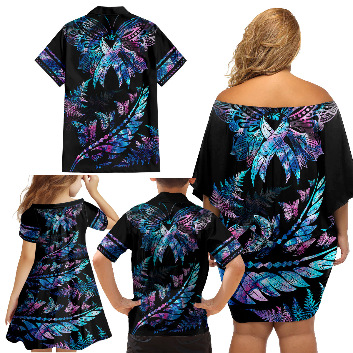 Polynesia Ribbon Butterflies Family Matching Off Shoulder Short Dress and Hawaiian Shirt Silver Fern Breast Cancer With Papua Shell Pattern LT9 - Polynesian Pride