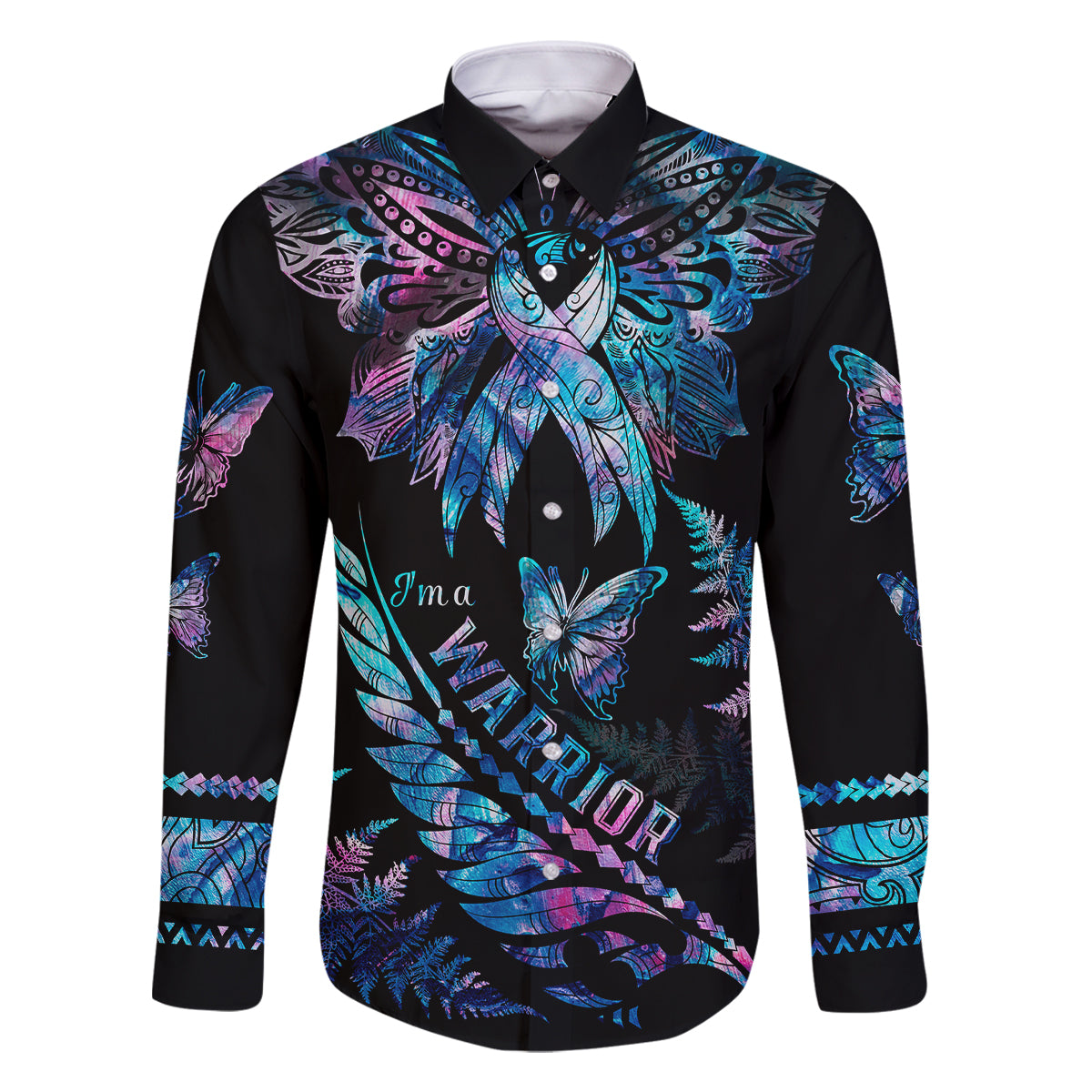 Polynesia Ribbon Butterflies Family Matching Off Shoulder Short Dress and Hawaiian Shirt Silver Fern Breast Cancer With Papua Shell Pattern LT9 Dad's Shirt - Long Sleeve Black - Polynesian Pride