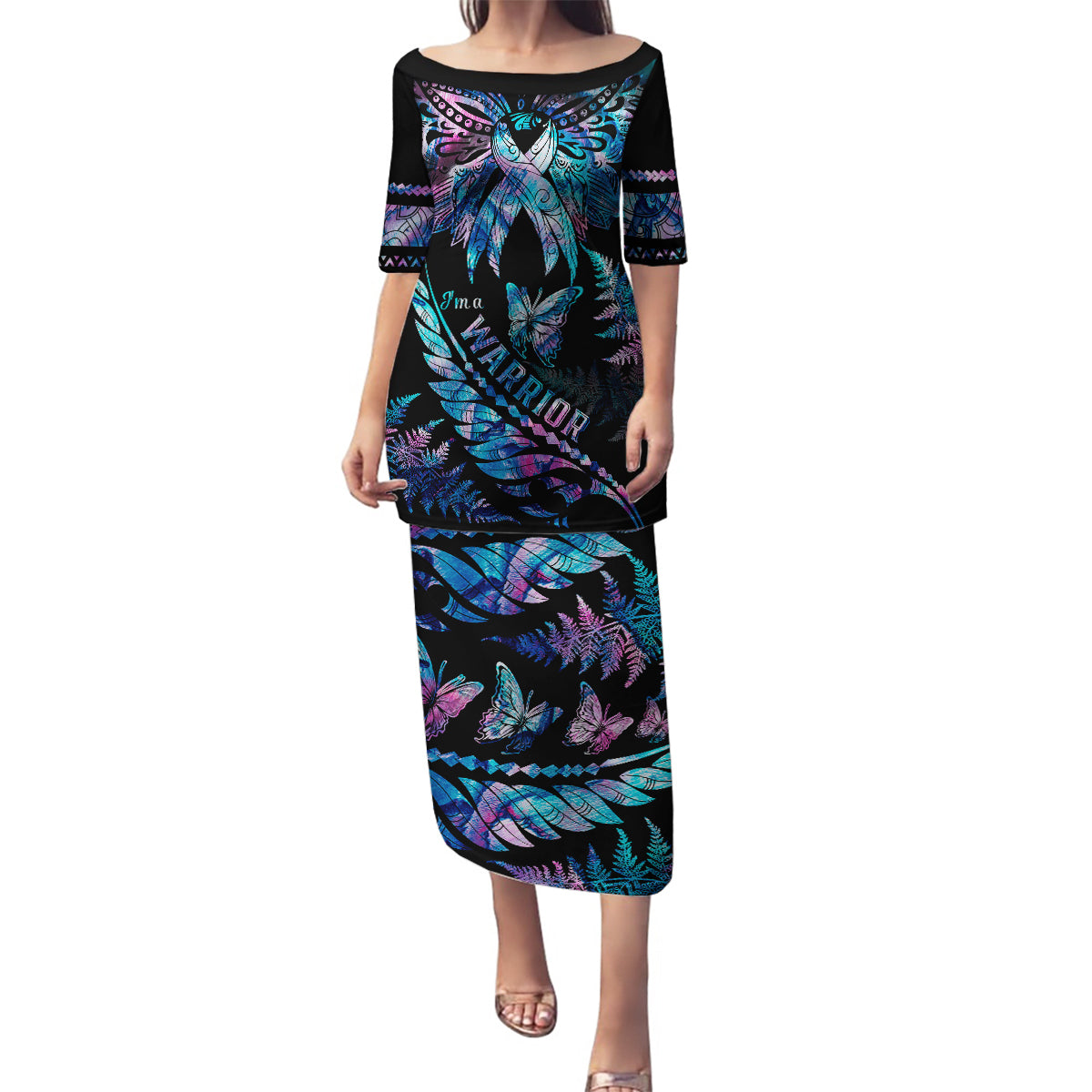 Polynesia Ribbon Butterflies Family Matching Puletasi Dress and Hawaiian Shirt Silver Fern Breast Cancer With Papua Shell Pattern LT9 Mom's Dress Black - Polynesian Pride