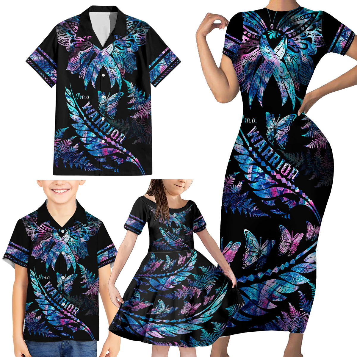 Polynesia Ribbon Butterflies Family Matching Short Sleeve Bodycon Dress and Hawaiian Shirt Silver Fern Breast Cancer With Papua Shell Pattern LT9 - Polynesian Pride