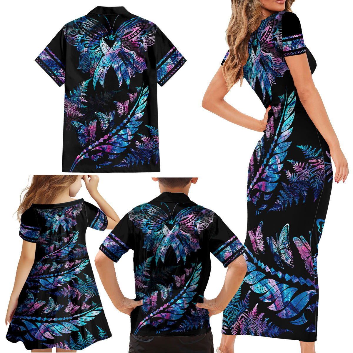 Polynesia Ribbon Butterflies Family Matching Short Sleeve Bodycon Dress and Hawaiian Shirt Silver Fern Breast Cancer With Papua Shell Pattern LT9 - Polynesian Pride