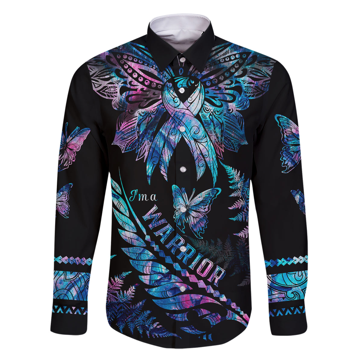 Polynesia Ribbon Butterflies Family Matching Short Sleeve Bodycon Dress and Hawaiian Shirt Silver Fern Breast Cancer With Papua Shell Pattern LT9 Dad's Shirt - Long Sleeve Black - Polynesian Pride