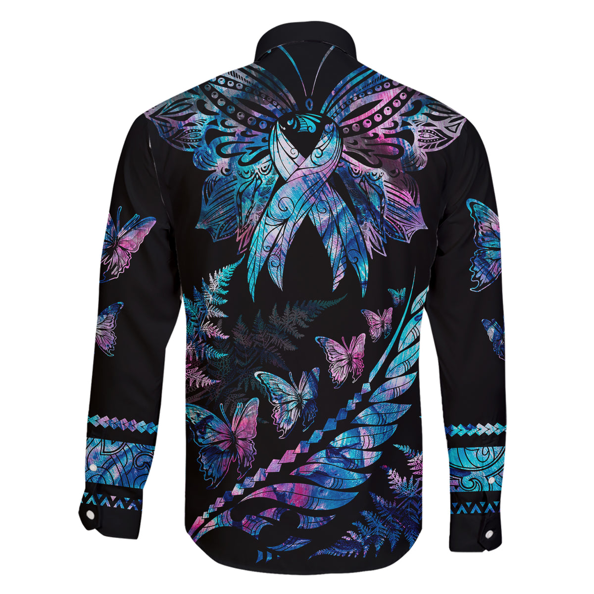 Polynesia Ribbon Butterflies Family Matching Short Sleeve Bodycon Dress and Hawaiian Shirt Silver Fern Breast Cancer With Papua Shell Pattern LT9 - Polynesian Pride