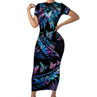 Polynesia Ribbon Butterflies Family Matching Short Sleeve Bodycon Dress and Hawaiian Shirt Silver Fern Breast Cancer With Papua Shell Pattern LT9 Mom's Dress Black - Polynesian Pride