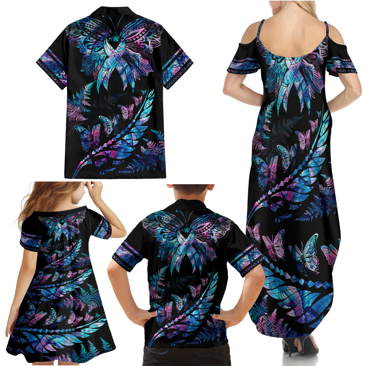 Polynesia Ribbon Butterflies Family Matching Summer Maxi Dress and Hawaiian Shirt Silver Fern Breast Cancer With Papua Shell Pattern LT9 - Polynesian Pride