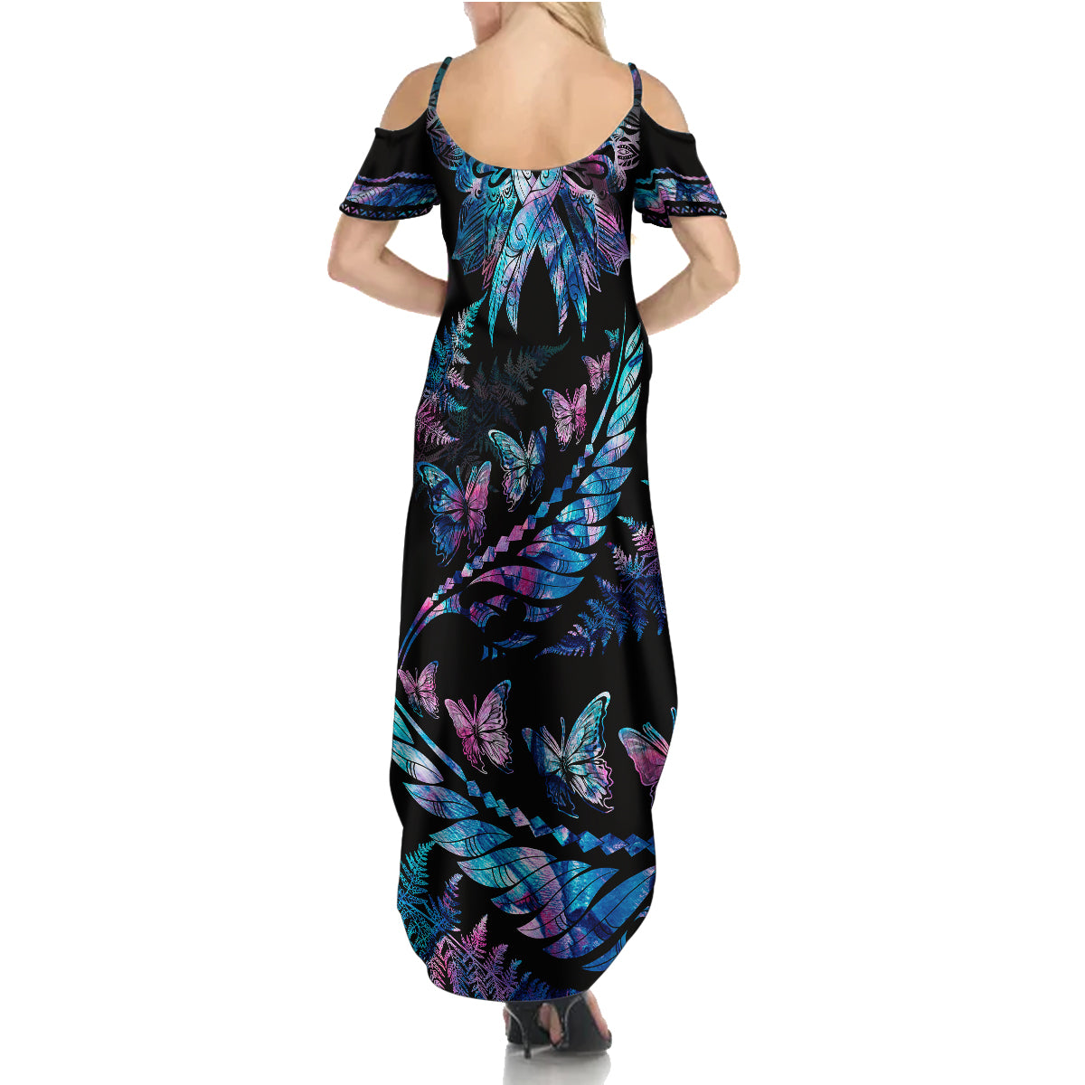 Polynesia Ribbon Butterflies Family Matching Summer Maxi Dress and Hawaiian Shirt Silver Fern Breast Cancer With Papua Shell Pattern LT9 - Polynesian Pride