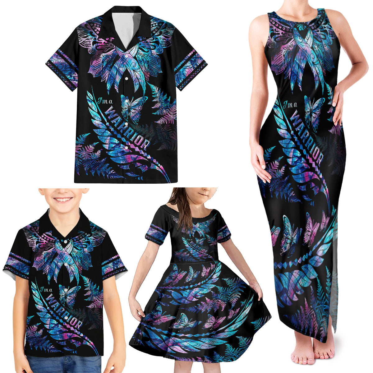 Polynesia Ribbon Butterflies Family Matching Tank Maxi Dress and Hawaiian Shirt Silver Fern Breast Cancer With Papua Shell Pattern LT9 - Polynesian Pride