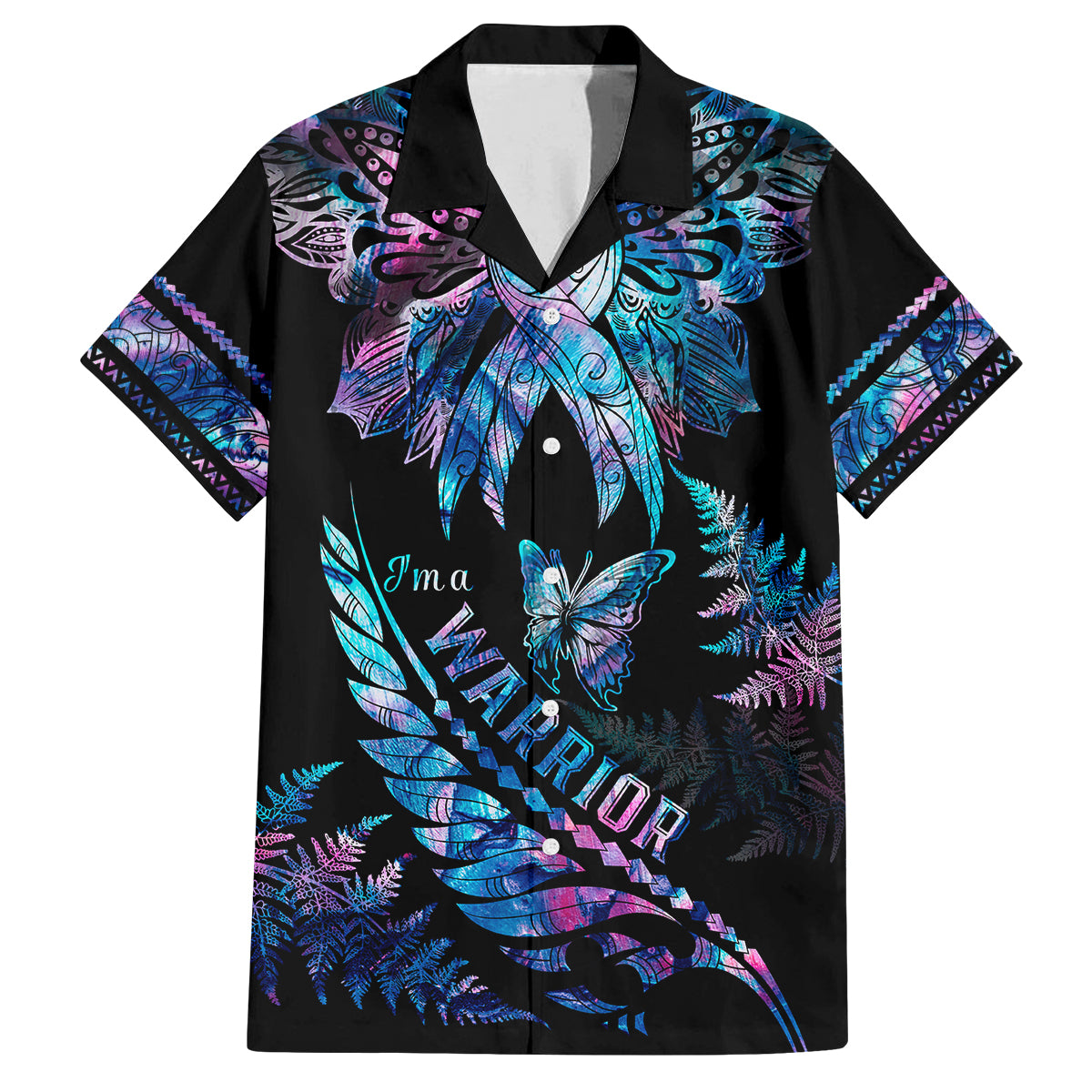 Polynesia Ribbon Butterflies Family Matching Tank Maxi Dress and Hawaiian Shirt Silver Fern Breast Cancer With Papua Shell Pattern LT9 Dad's Shirt - Short Sleeve Black - Polynesian Pride
