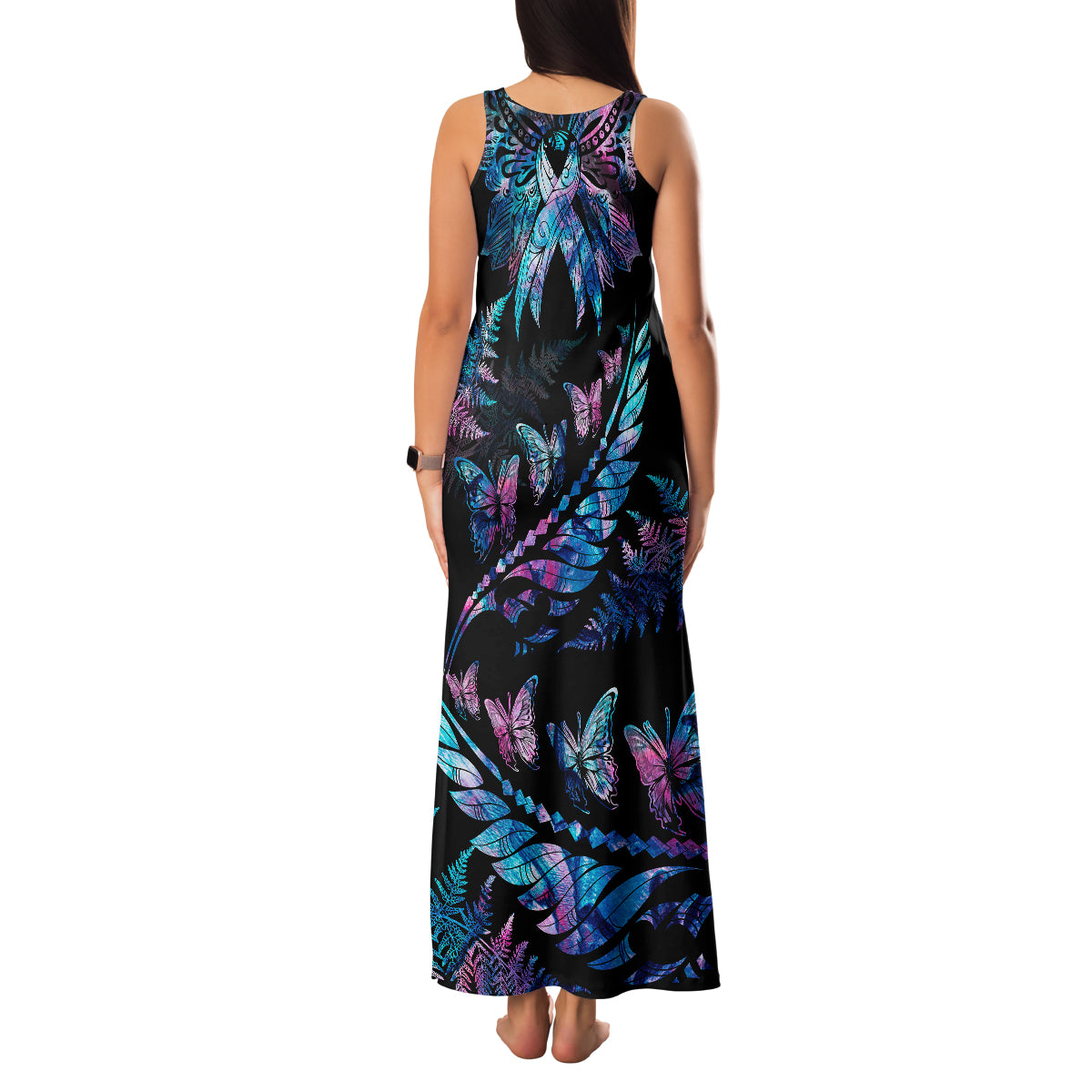Polynesia Ribbon Butterflies Family Matching Tank Maxi Dress and Hawaiian Shirt Silver Fern Breast Cancer With Papua Shell Pattern LT9 - Polynesian Pride