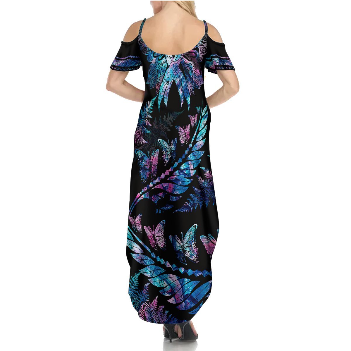 Polynesia Ribbon Butterflies Summer Maxi Dress Silver Fern Breast Cancer With Papua Shell Pattern LT9 - Polynesian Pride