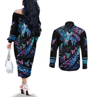 Personalised Polynesia Ribbon Butterflies Couples Matching Off The Shoulder Long Sleeve Dress and Long Sleeve Button Shirts Silver Fern Breast Cancer With Papua Shell Pattern LT9 - Polynesian Pride
