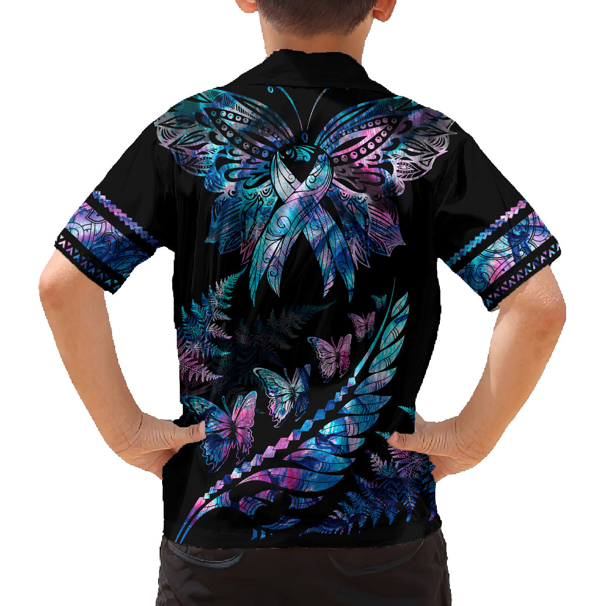 Personalised Polynesia Ribbon Butterflies Family Matching Long Sleeve Bodycon Dress and Hawaiian Shirt Silver Fern Breast Cancer With Papua Shell Pattern LT9 - Polynesian Pride