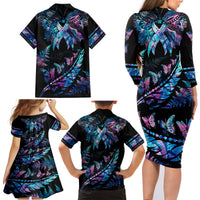 Personalised Polynesia Ribbon Butterflies Family Matching Long Sleeve Bodycon Dress and Hawaiian Shirt Silver Fern Breast Cancer With Papua Shell Pattern LT9 - Polynesian Pride