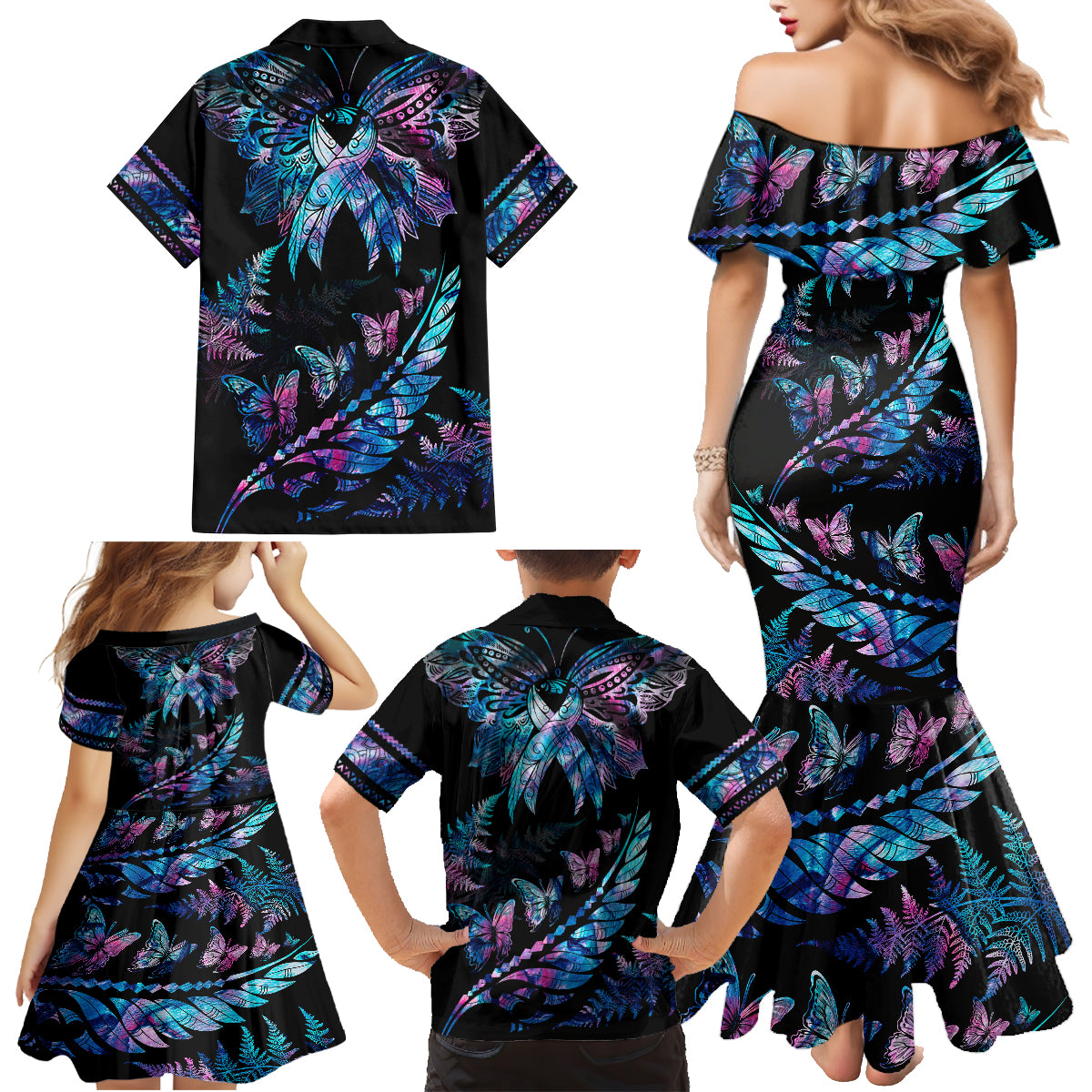 Personalised Polynesia Ribbon Butterflies Family Matching Mermaid Dress and Hawaiian Shirt Silver Fern Breast Cancer With Papua Shell Pattern LT9 - Polynesian Pride