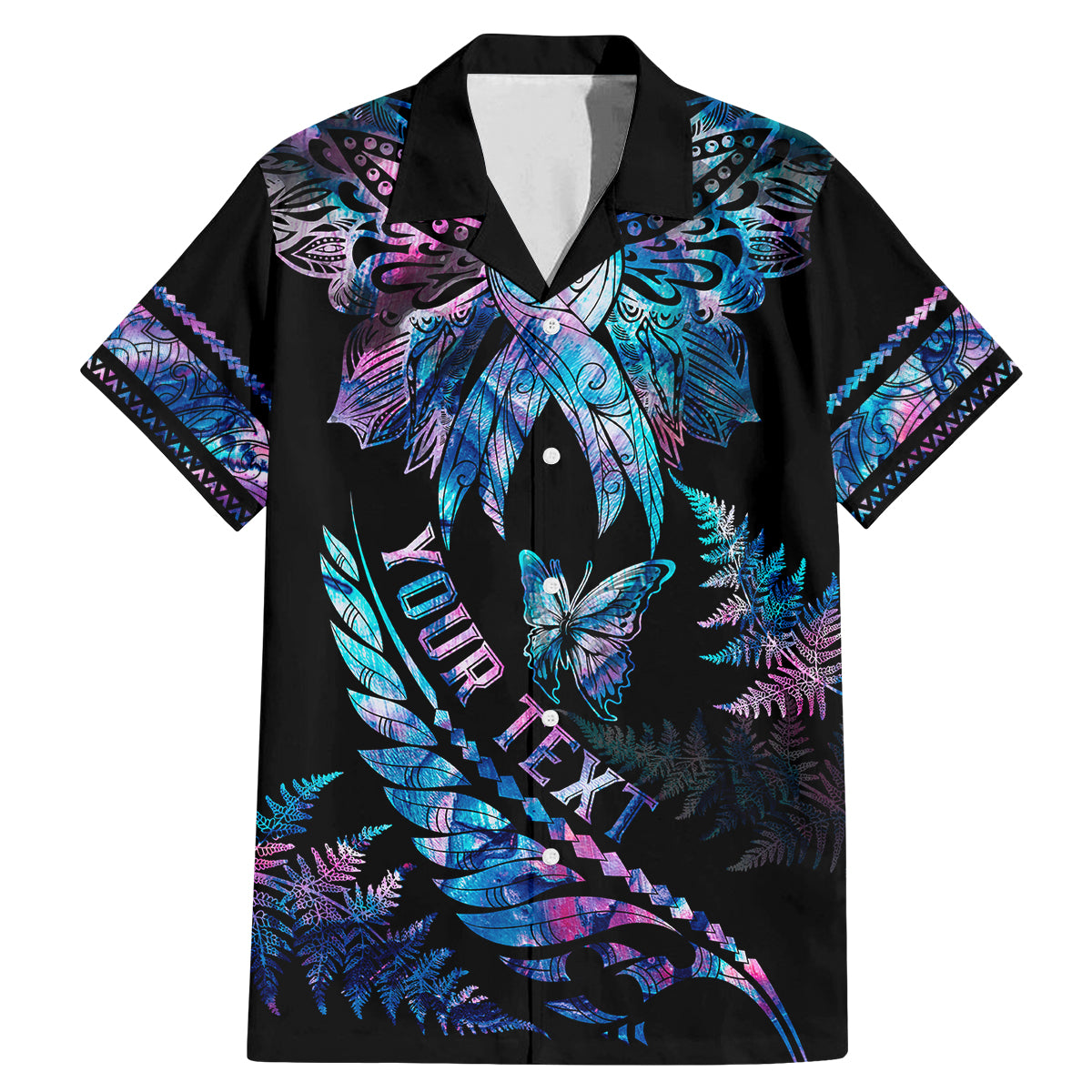 Personalised Polynesia Ribbon Butterflies Family Matching Mermaid Dress and Hawaiian Shirt Silver Fern Breast Cancer With Papua Shell Pattern LT9 Dad's Shirt - Short Sleeve Black - Polynesian Pride