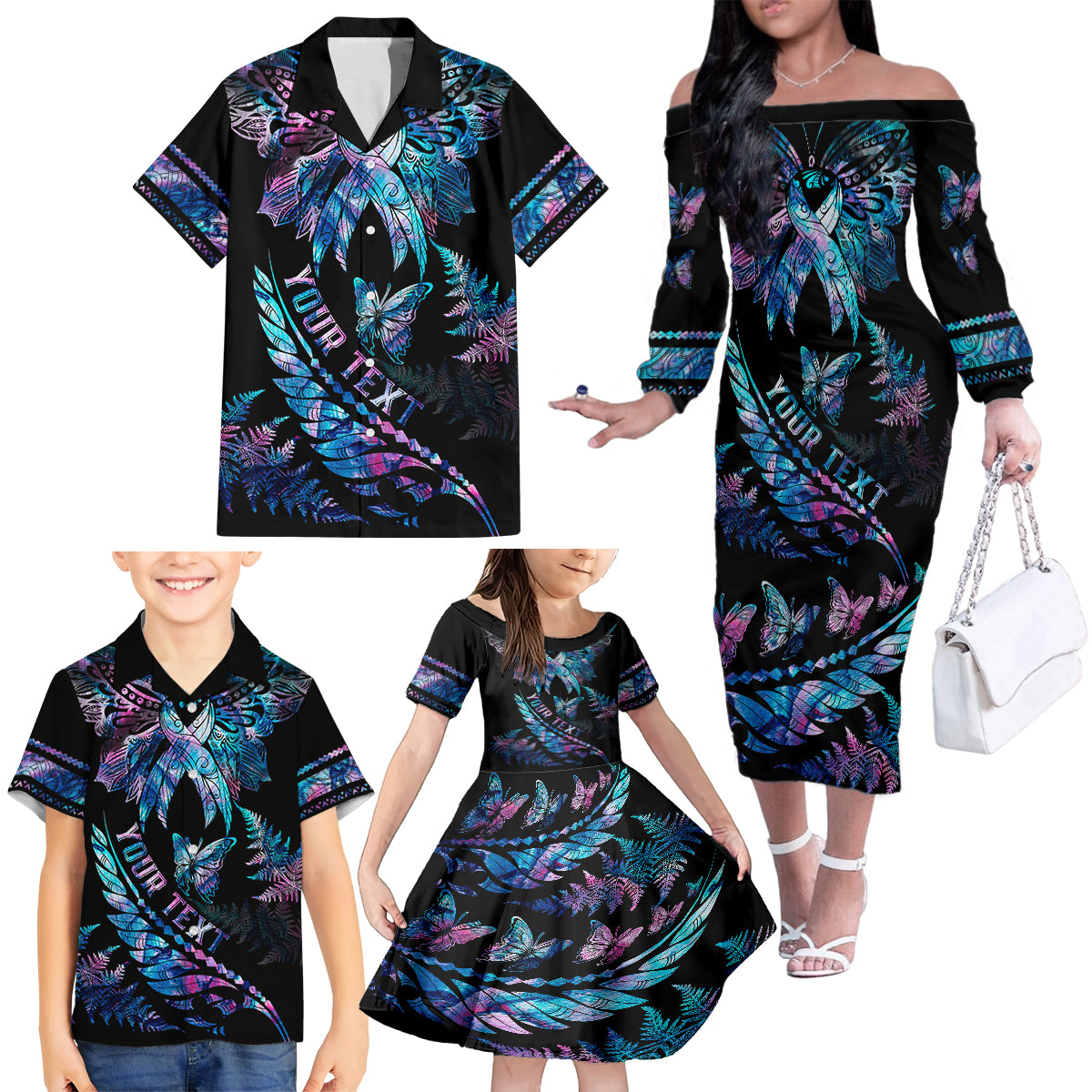 Personalised Polynesia Ribbon Butterflies Family Matching Off Shoulder Long Sleeve Dress and Hawaiian Shirt Silver Fern Breast Cancer With Papua Shell Pattern LT9 - Polynesian Pride