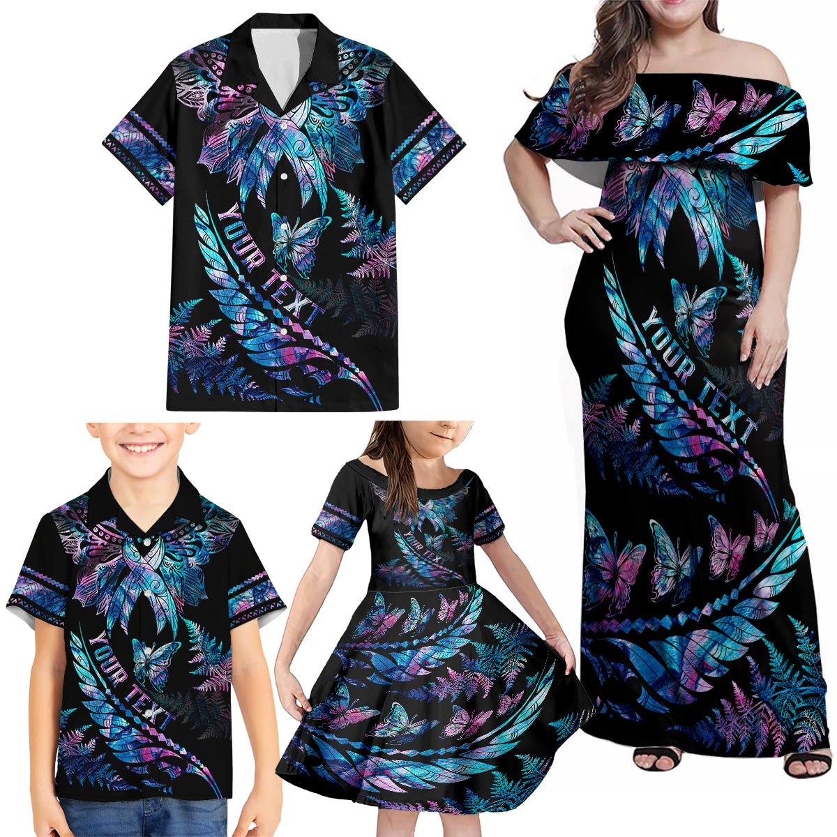 Personalised Polynesia Ribbon Butterflies Family Matching Off Shoulder Maxi Dress and Hawaiian Shirt Silver Fern Breast Cancer With Papua Shell Pattern LT9 - Polynesian Pride