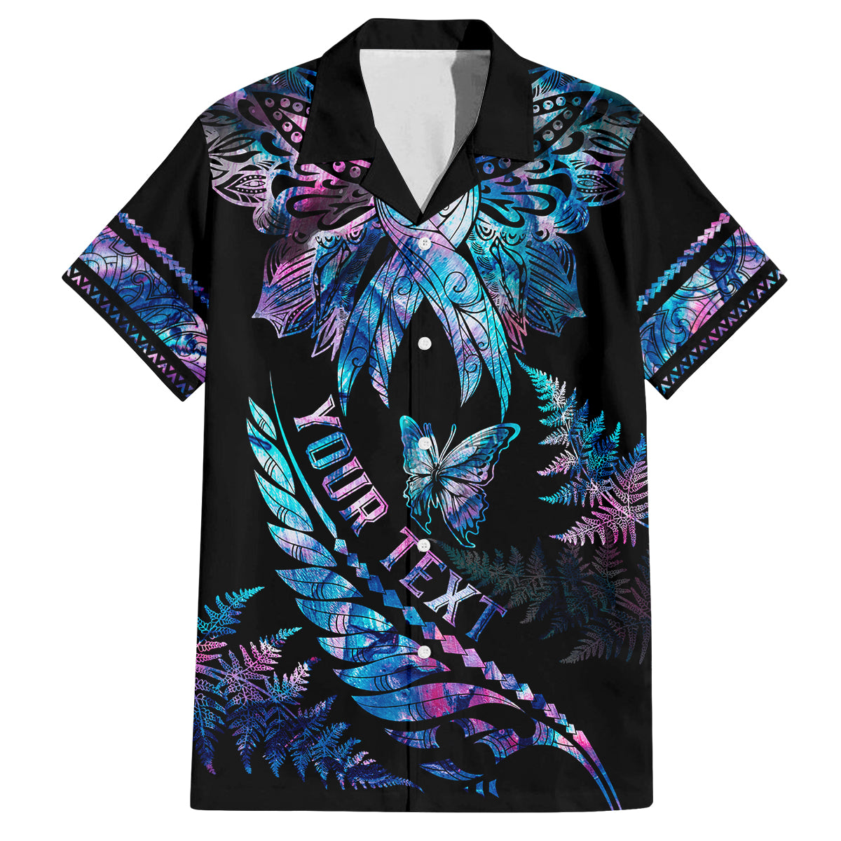 Personalised Polynesia Ribbon Butterflies Family Matching Off Shoulder Short Dress and Hawaiian Shirt Silver Fern Breast Cancer With Papua Shell Pattern LT9 Dad's Shirt - Short Sleeve Black - Polynesian Pride