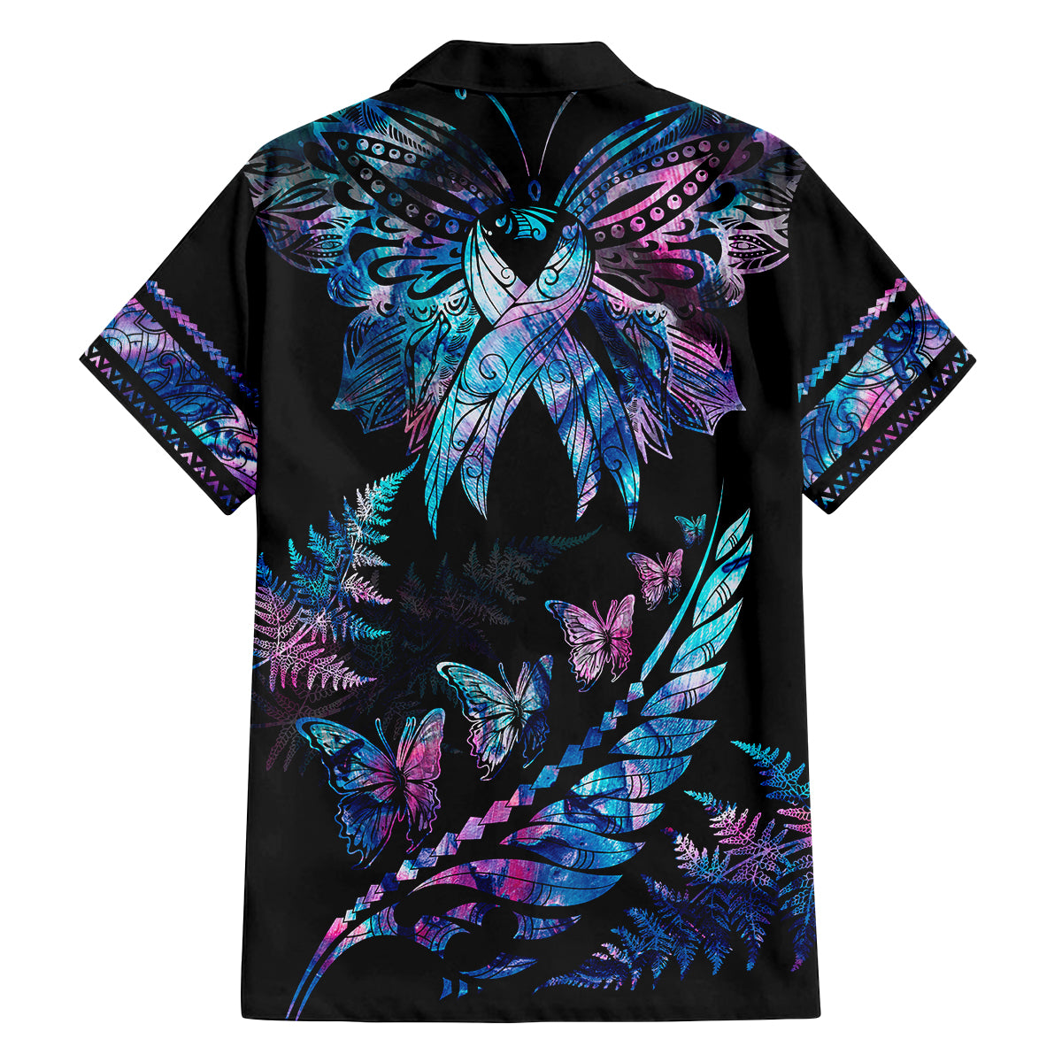 Personalised Polynesia Ribbon Butterflies Family Matching Off Shoulder Short Dress and Hawaiian Shirt Silver Fern Breast Cancer With Papua Shell Pattern LT9 - Polynesian Pride
