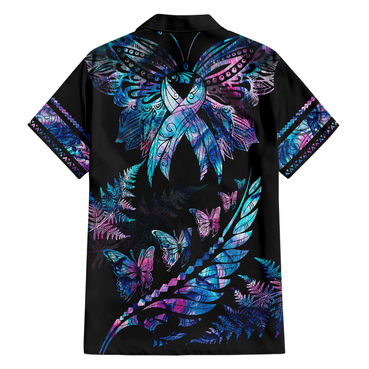 Personalised Polynesia Ribbon Butterflies Family Matching Short Sleeve Bodycon Dress and Hawaiian Shirt Silver Fern Breast Cancer With Papua Shell Pattern LT9 - Polynesian Pride