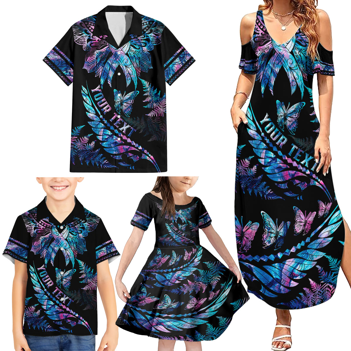 Personalised Polynesia Ribbon Butterflies Family Matching Summer Maxi Dress and Hawaiian Shirt Silver Fern Breast Cancer With Papua Shell Pattern LT9 - Polynesian Pride